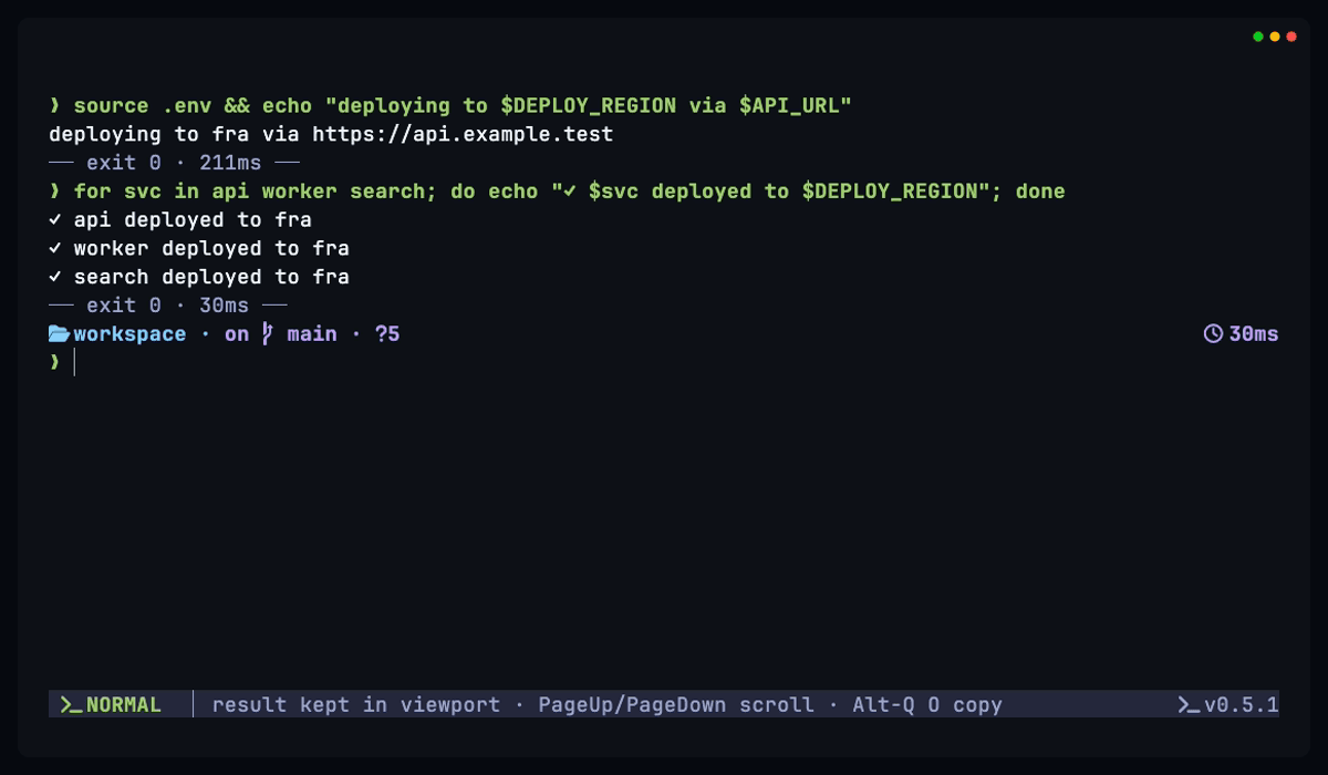 source .env sets variables that a pasted for-loop then uses.